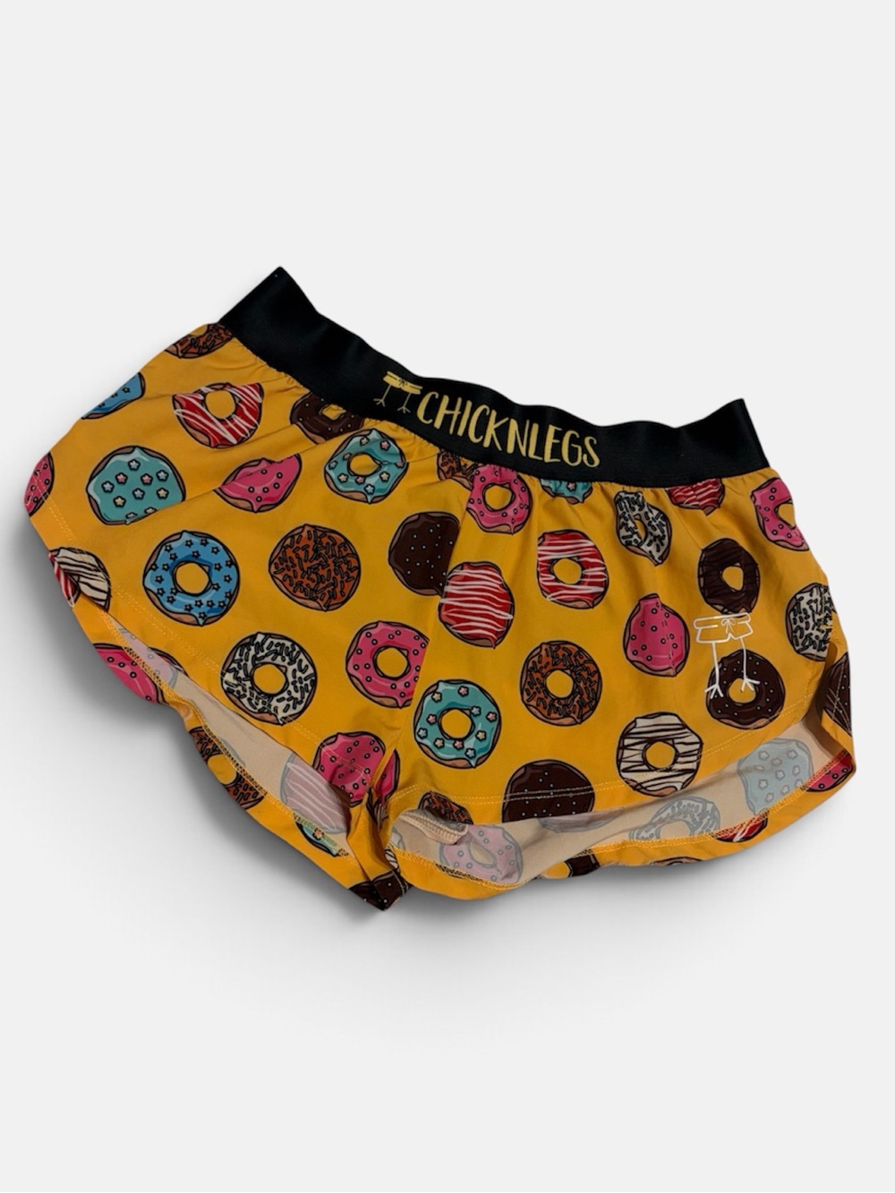 ChicknLegs Womens Salty Donuts 1.5 Inch Split Running Shorts Yellow Mesh Small
